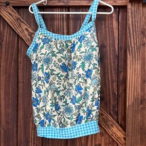 Lands' End Blue and Cream Floral Swim chlorine resistant blouson tankini